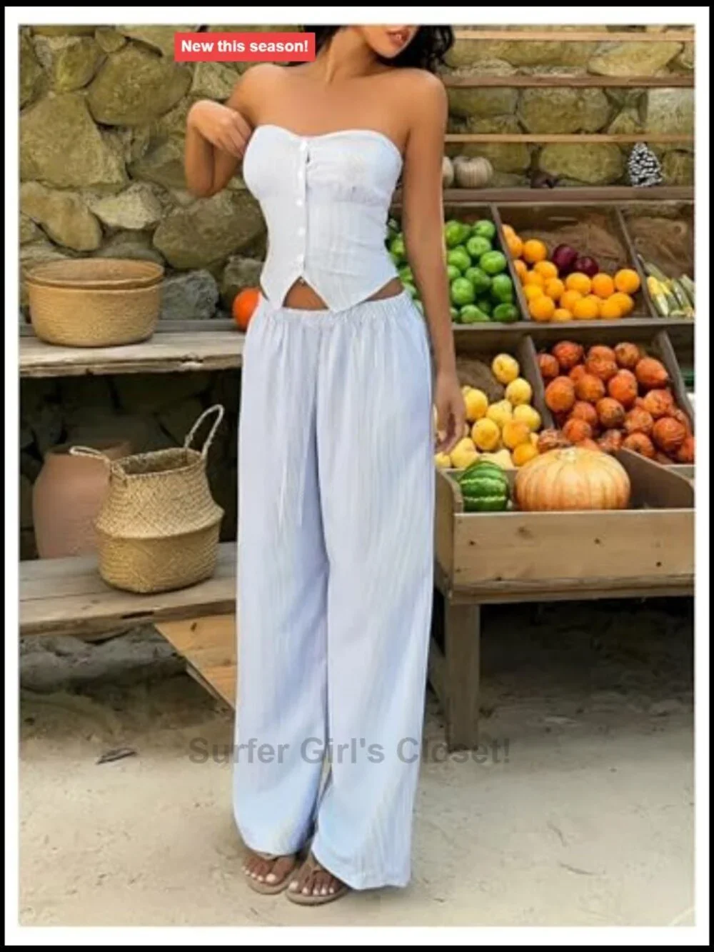Striped 2 Piece Outfit Button Front Bandeau Pants Set Vacation Outfits